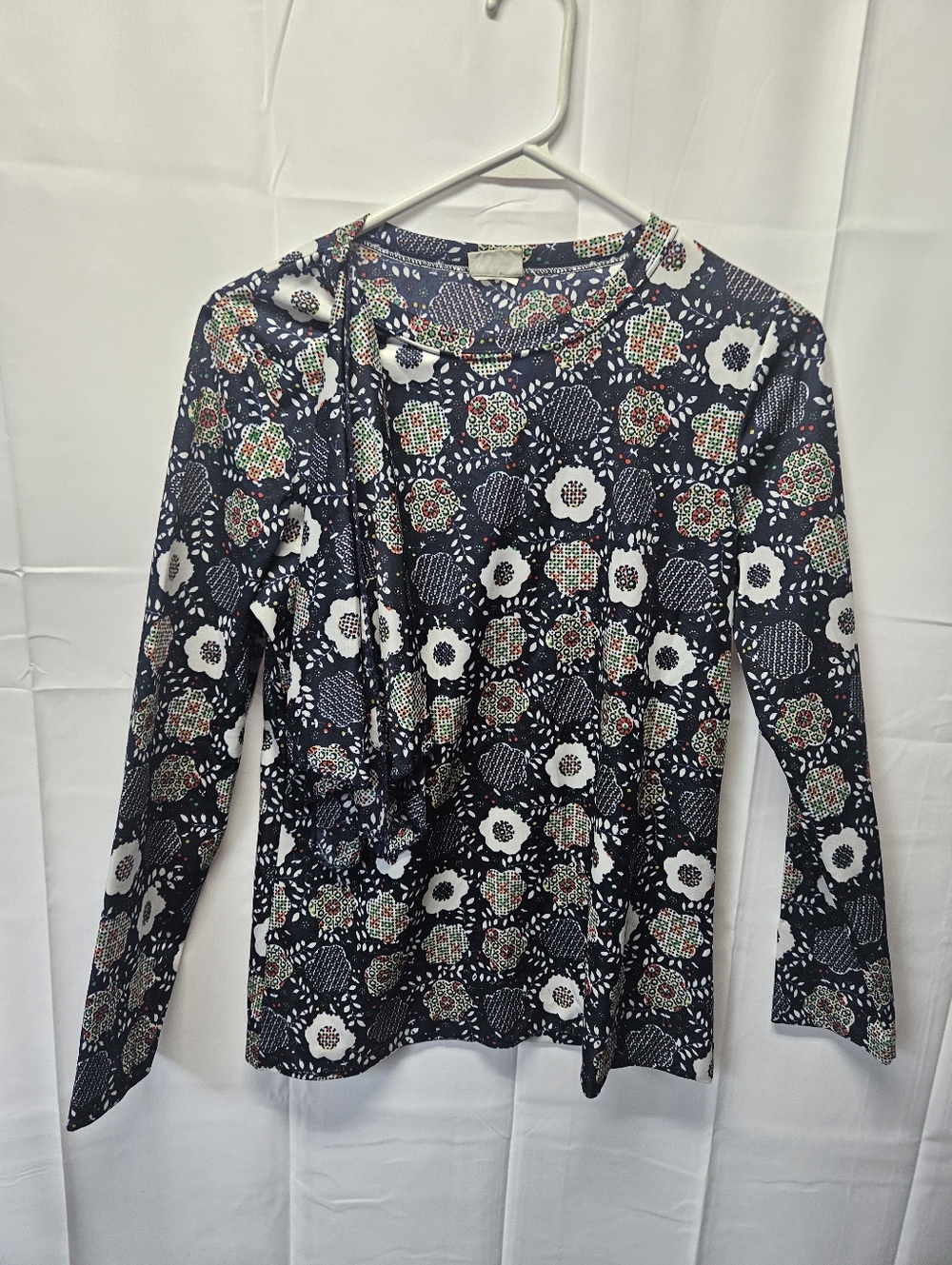 Vintage Aileen Navy Floral Long-Sleeve Top With Attached Side Scarf